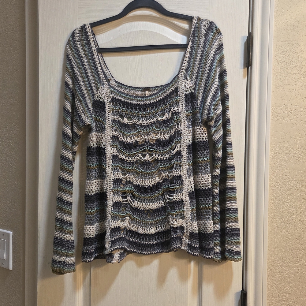 Free People Open-Knit Striped Scoop Neck Sweater — Cream, Gray & Blue Tones